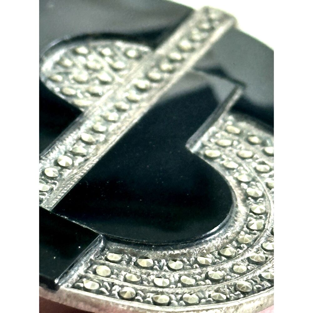 Art Deco Style Sterling Silver Marcasite & Onyx Brooch - Picture 5 of 8